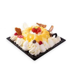 Luchtige bavarois tulband in 4 verschillende smaken. Afgewerkt met slagroom en fruit.